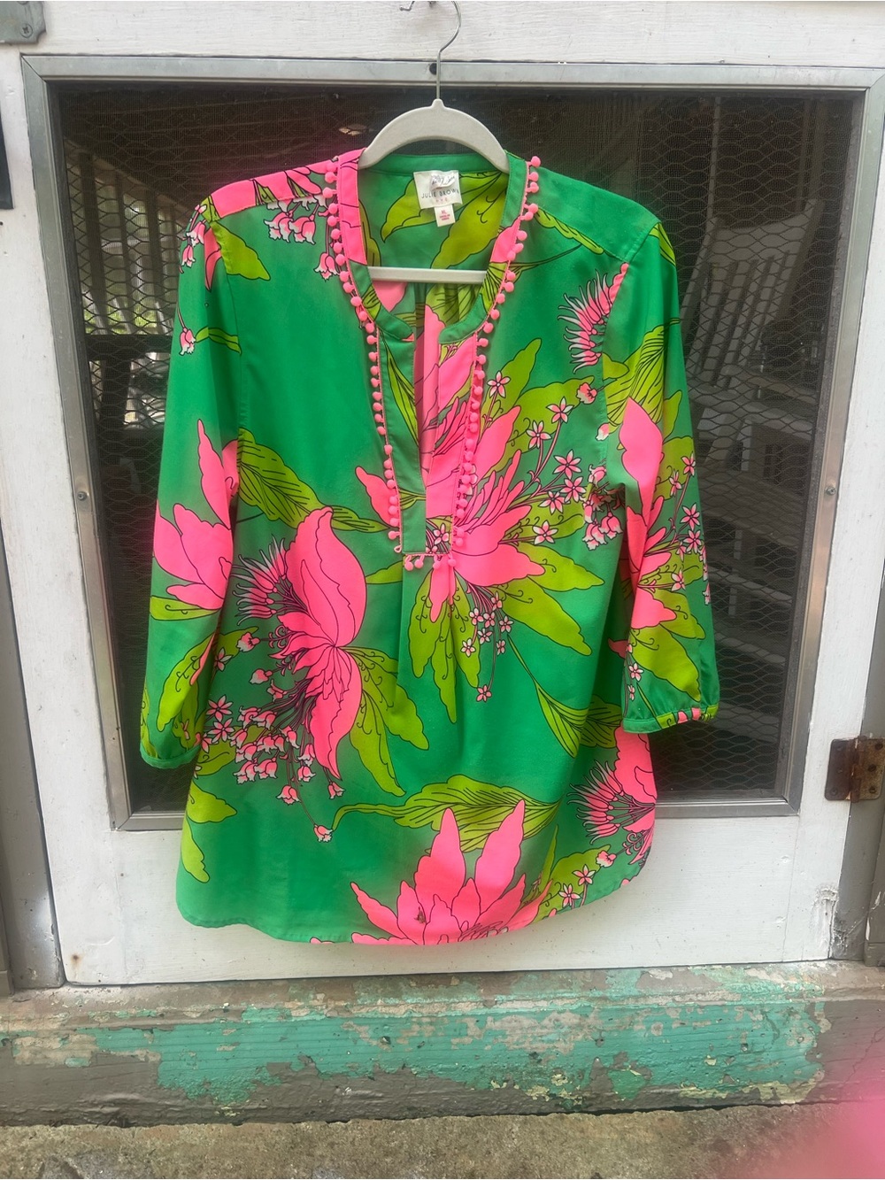 Julie Brown Green Tunic Top with Pink Floral Print